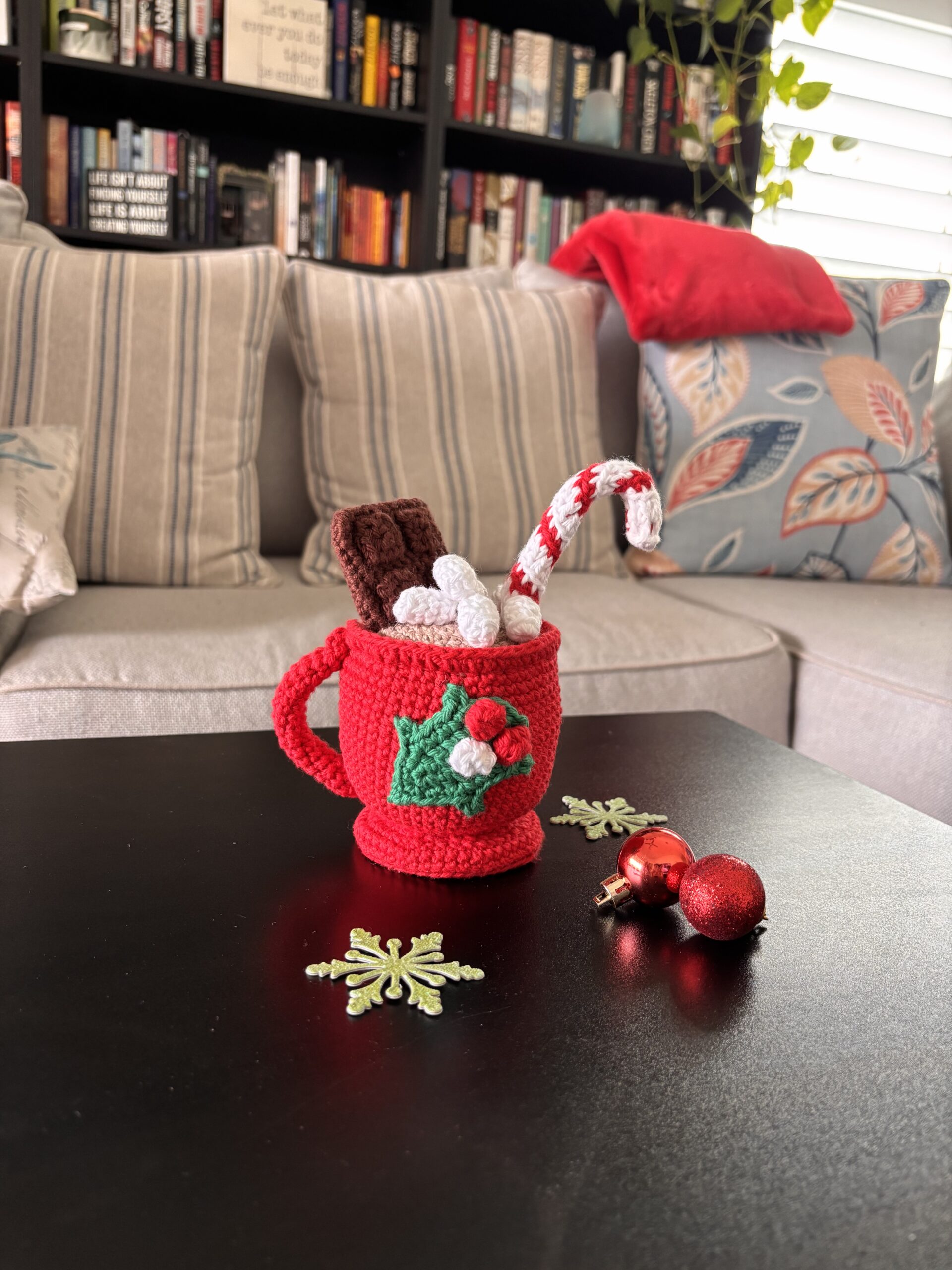Red hot cocoa crochet mug for holidays