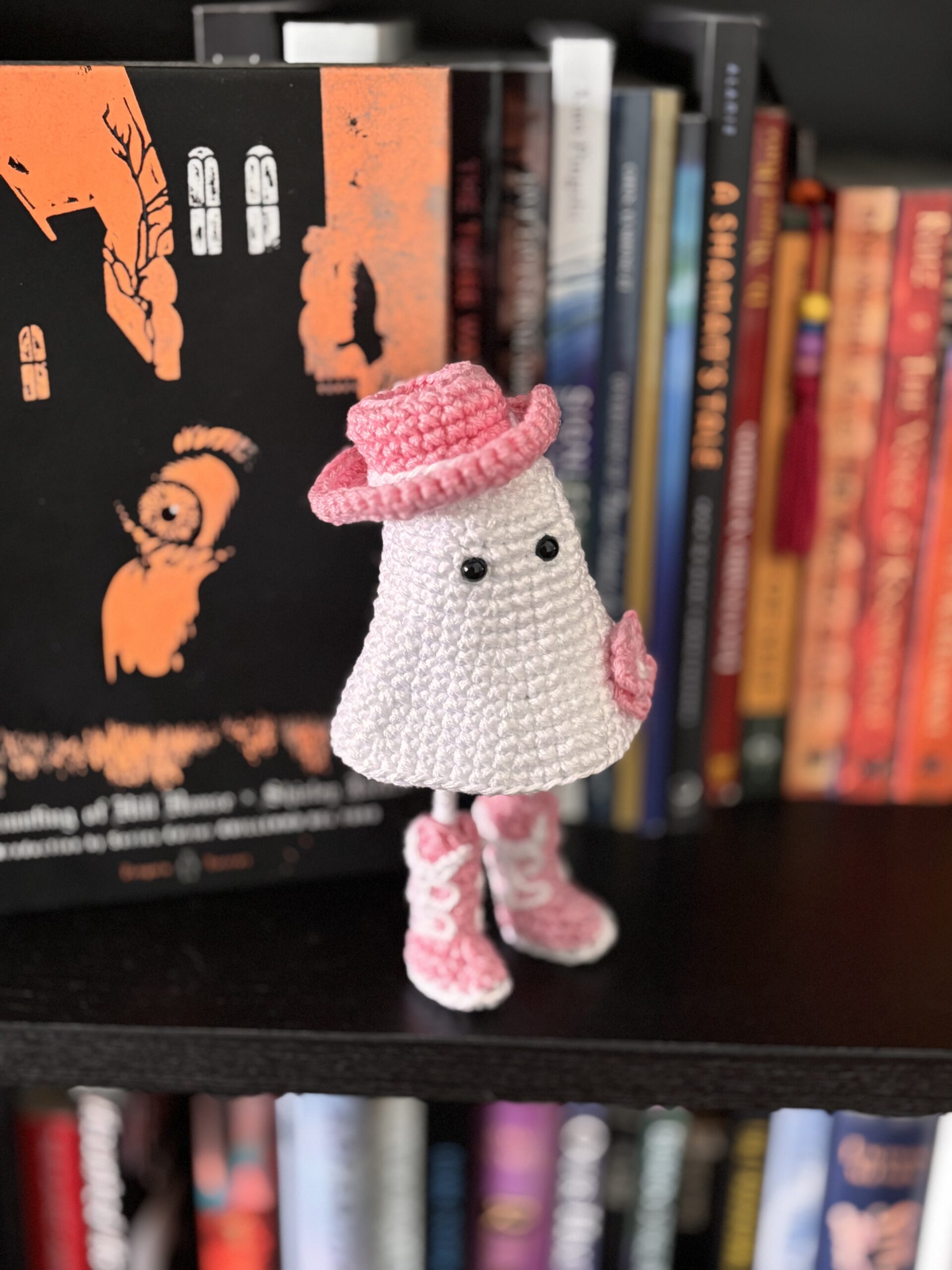 crochet cowgirl ghost with pink boots and hat