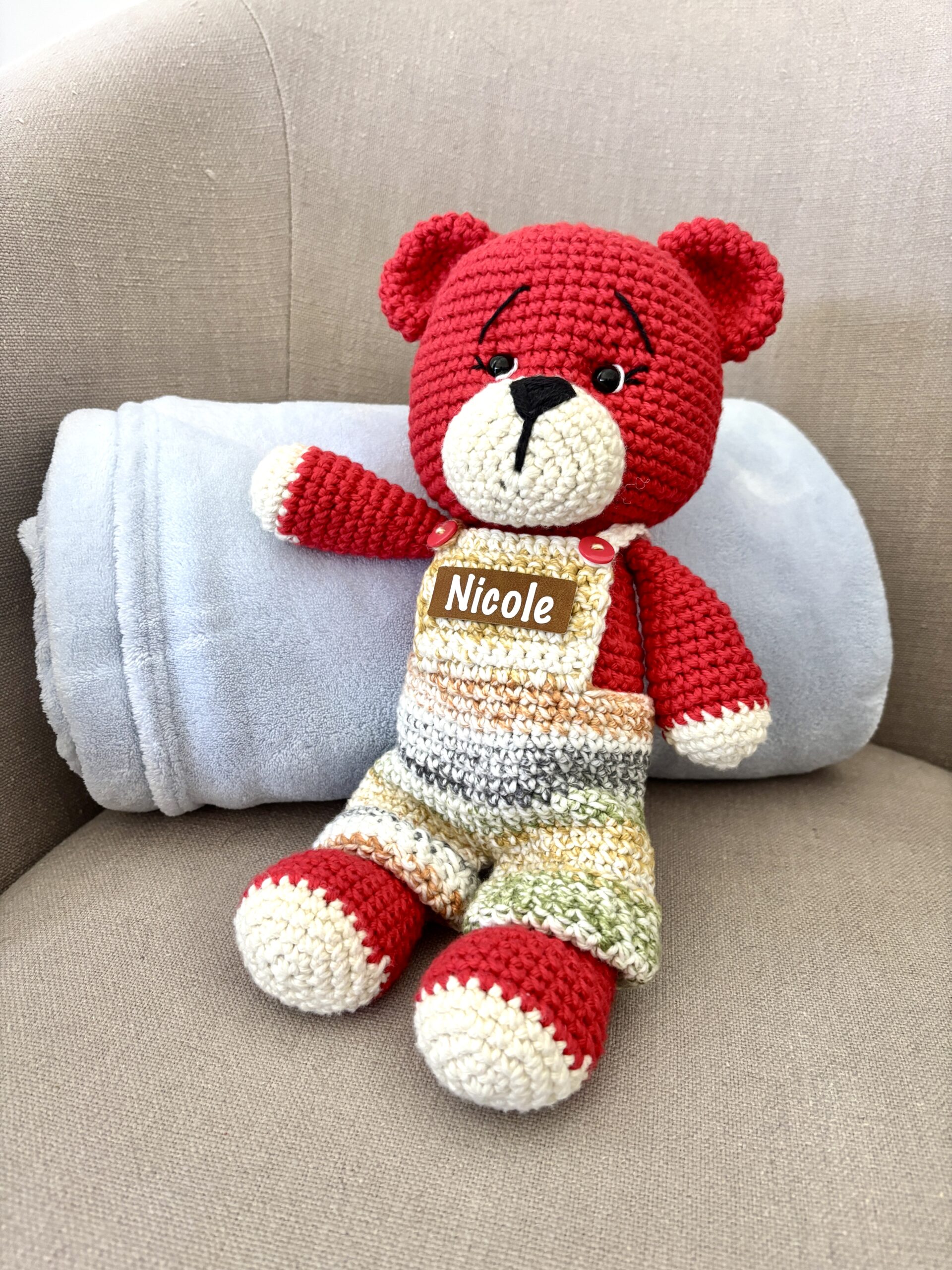 crochet teddy bear with name tag