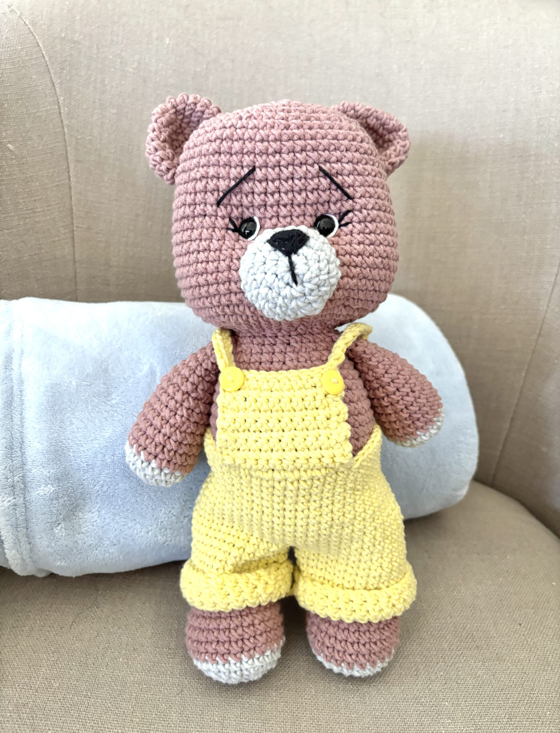 yellow overall crochet teddy bear