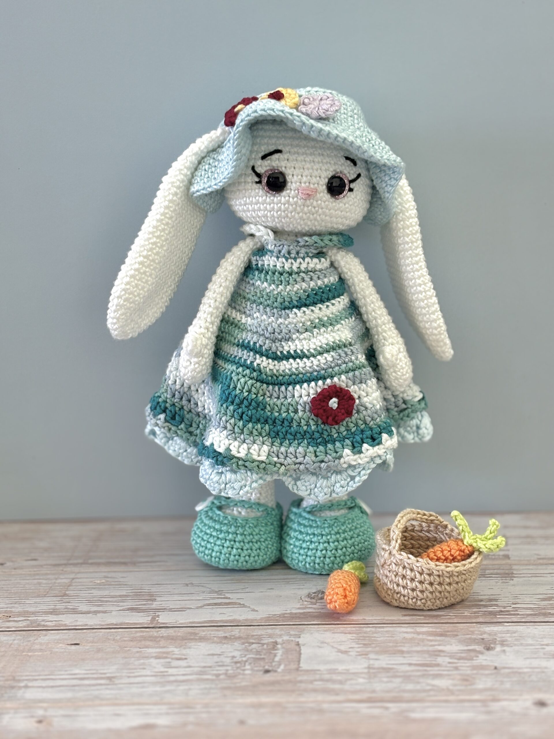 crochet bunny with carrot out of a basket