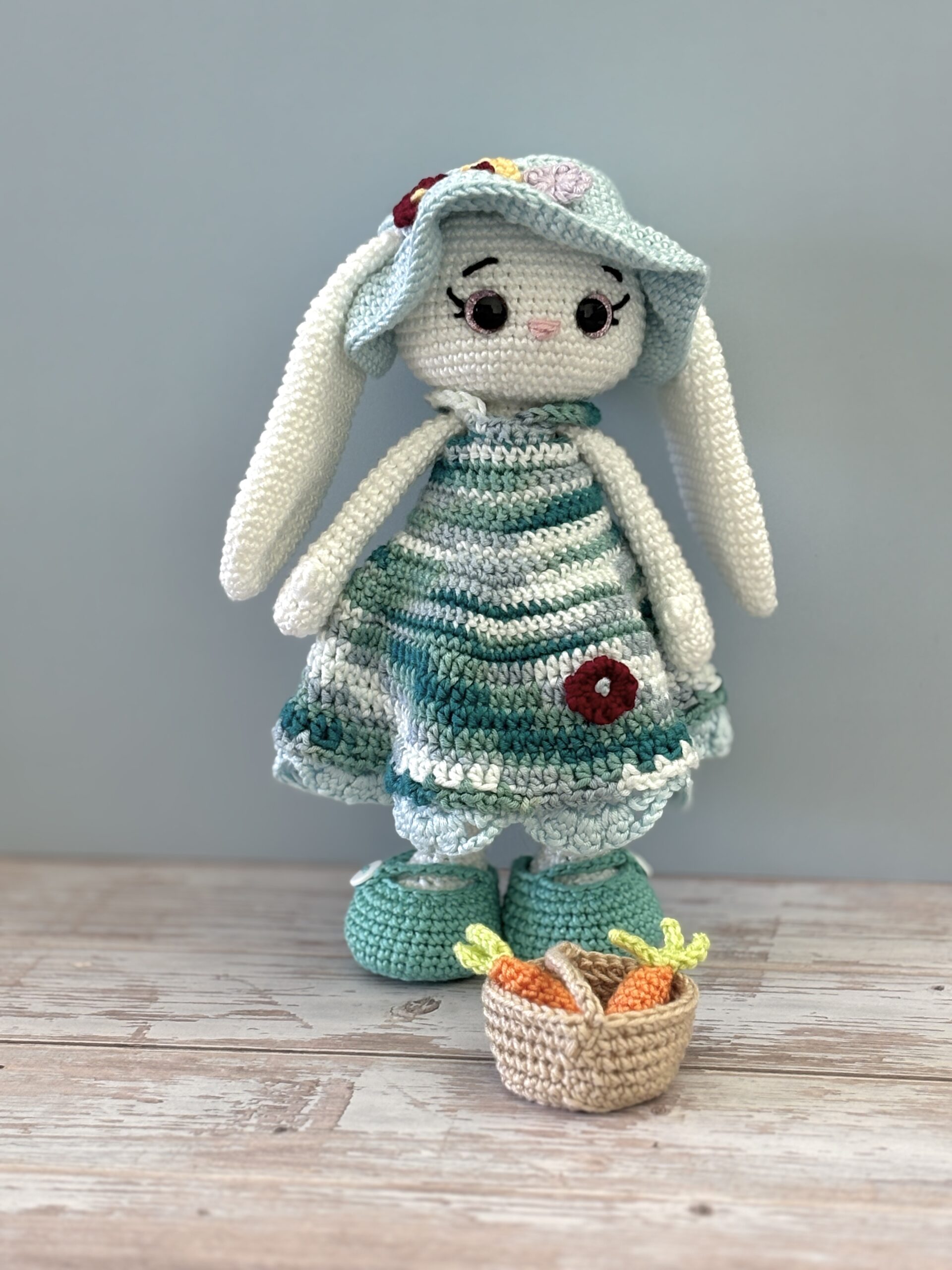 teal dress crochet bunny and basket with carrots