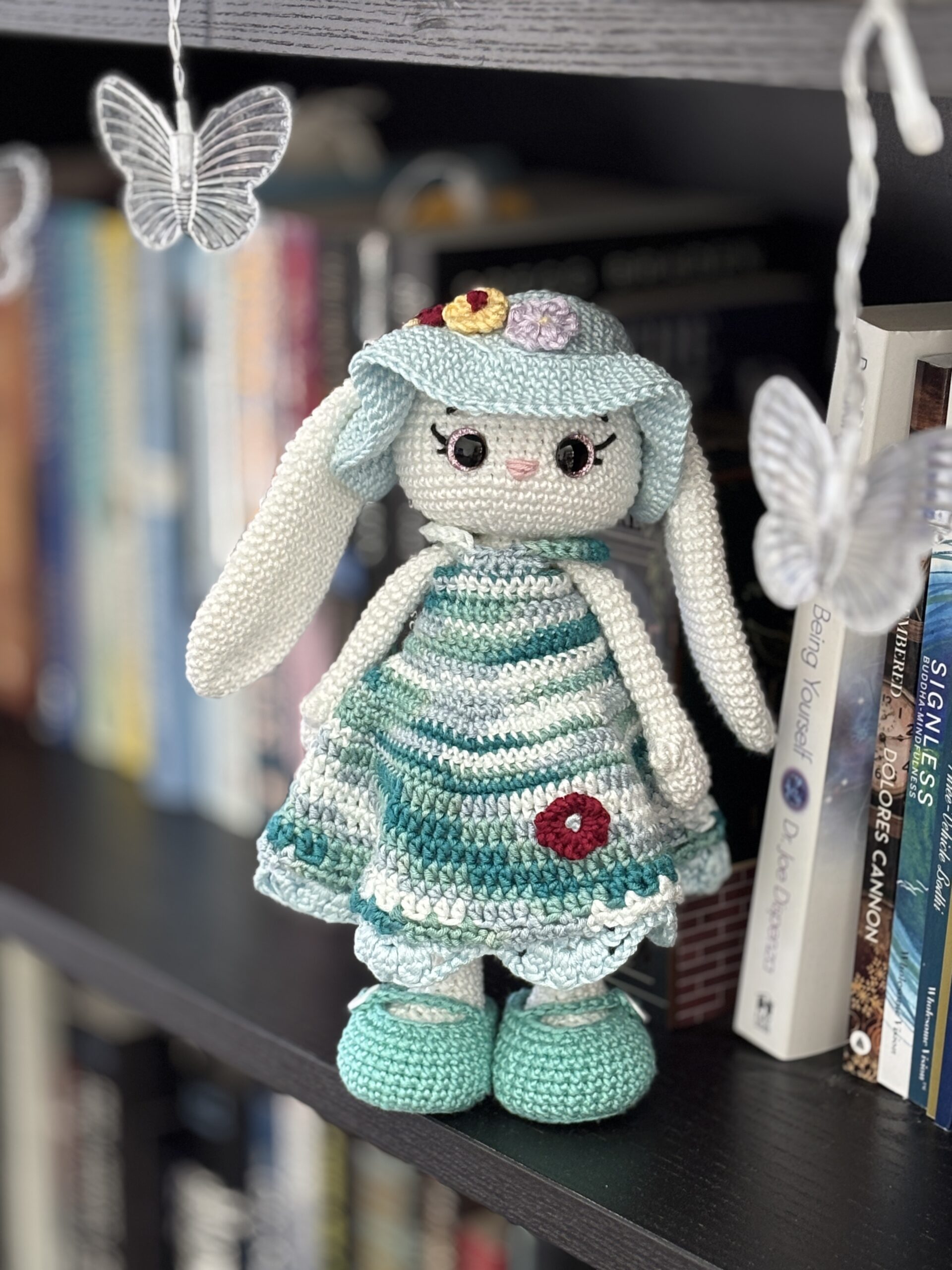 crochet bunny on a shelf