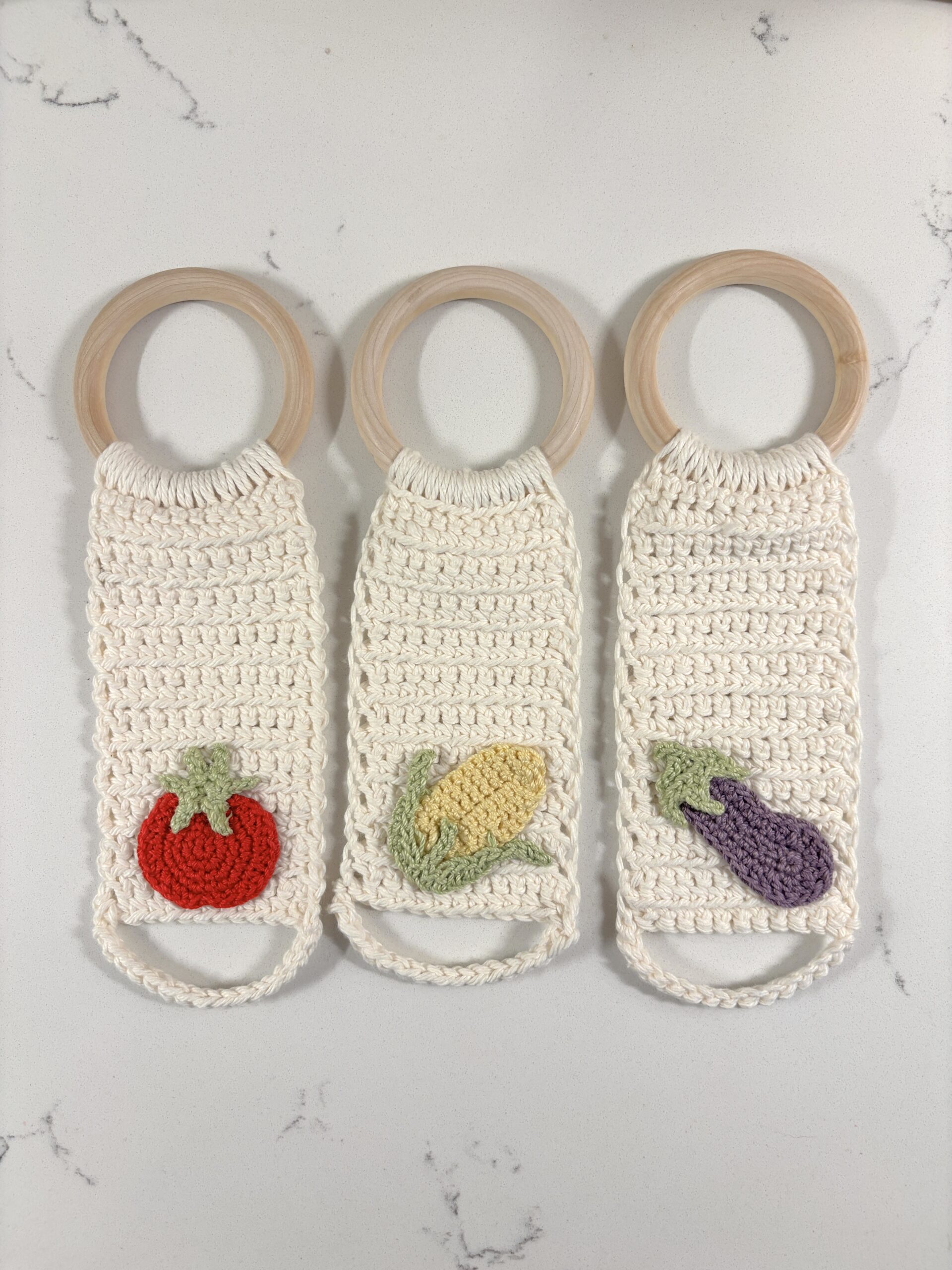 set of three crochet vegetable kitchen towel holders